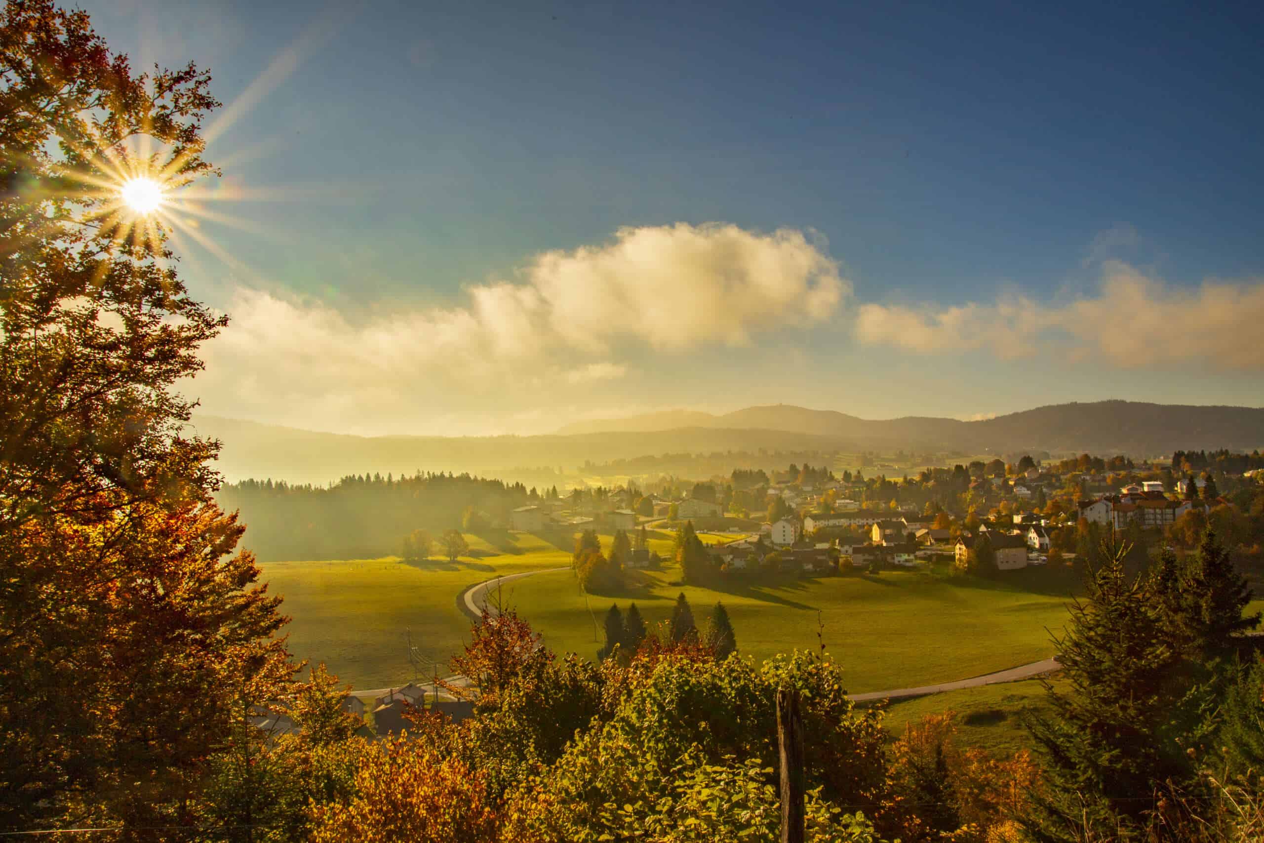 Paysage rural au lever du soleil avec collines et arbres.